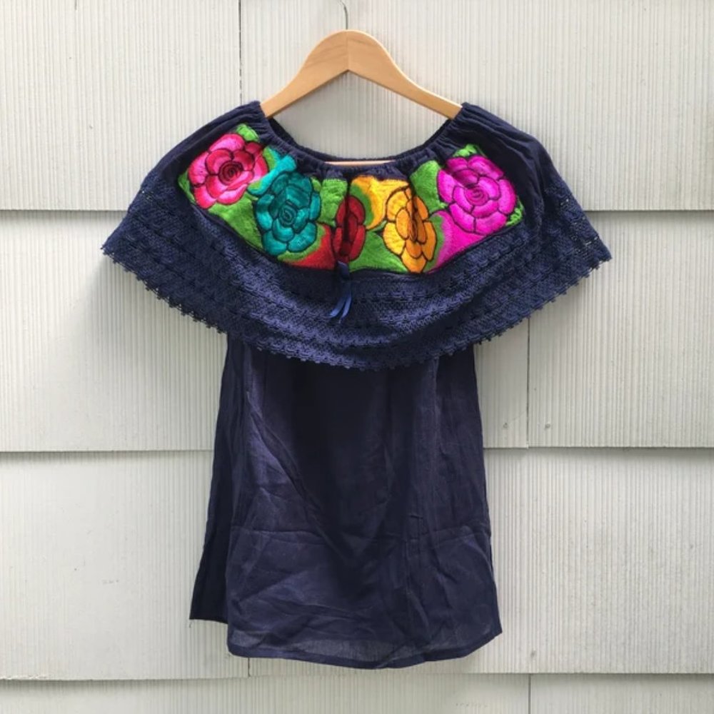 Handmade Womens Embroidered Mexican Blouse - Medium - Off the Shoulder Blouse